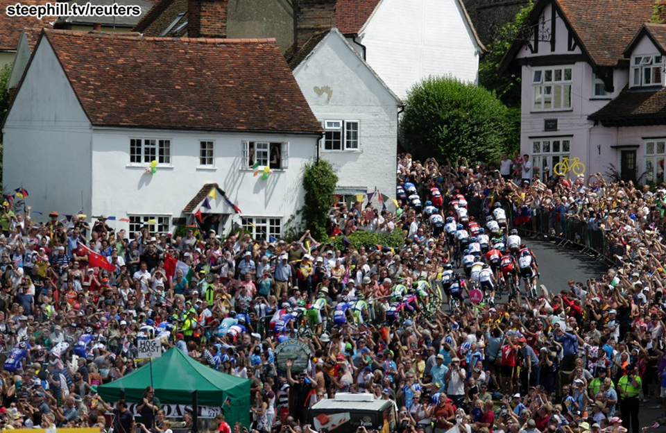 Massive crowds in Cambridge to send the riders off.