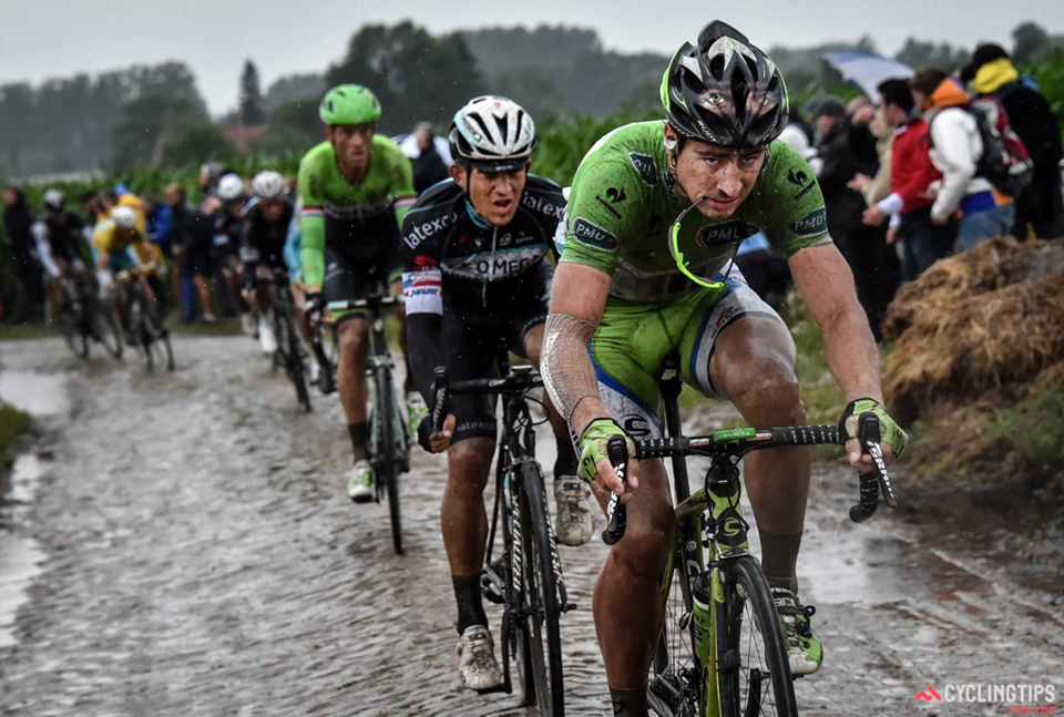 Peter Sagan (Cannondale) driving the pace over one of the latter cobble sections